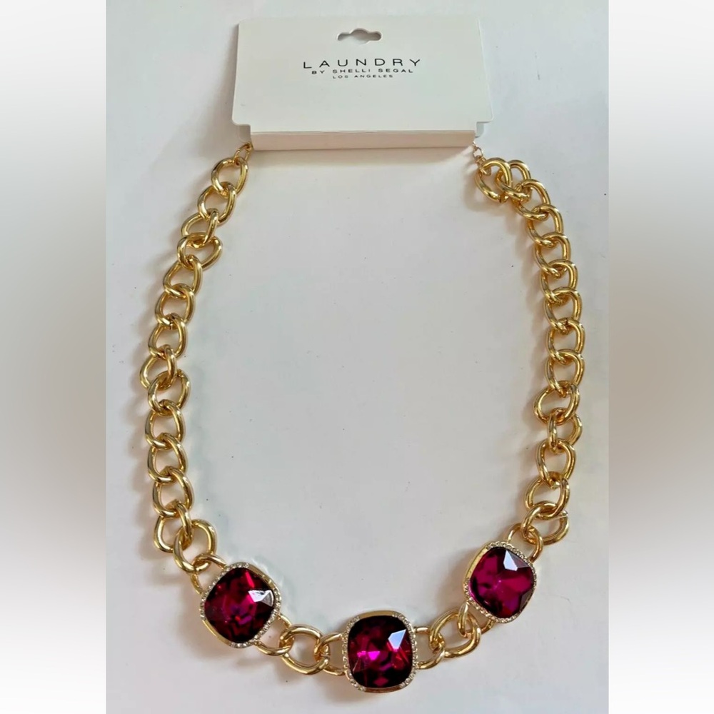 🆕 Laundry by Shelli Segal Gold Link Raspberry Gems Crystal Statement Necklace